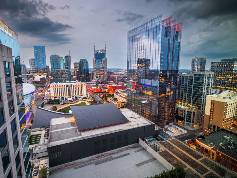 Skyline view of downtown Nashville, Tennessee for business travelers